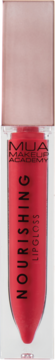 Intensywnie czerwony błyszczyk MUA Makeup Academy Nourishing Lipgloss w przezroczystym flakonie, widok z przodu.