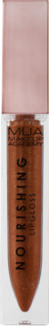 MUA Makeup Academy Nourishing Lipgloss w szampańsko-brązowym odcieniu z brokatem, różowozłotą nakrętką, widok z przodu.