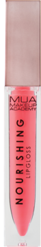 MUA Make Up Academy Nourishing Lip Gloss, tubka z różowym błyszczykiem i złotą zakrętką, widok z przodu.