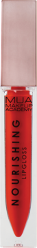 Czerwony błyszczyk MUA Makeup Academy Nourishing Lipgloss w przezroczystej tubce z różową nakrętką, widok z przodu.