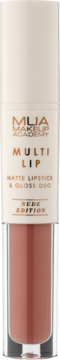 MUA Multi Lip Nude Edition Matte Lipstick & Gloss Duo, beżowa tubka z przezroczystym dołem, widok z przodu.