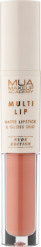 MUA Multi Lip, matowa szminka i błyszczyk w odcieniu nude, w beżowej tubce z przezroczystym dołem, widok z przodu.