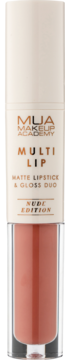 MUA Multi Lip Nude Edition: matowa szminka i błyszczyk w beżowo-brzoskwiniowym odcieniu, pionowy widok z przodu.