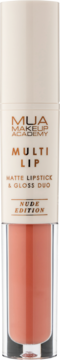 MUA Multi Lip Nude Edition, beżowo-brzoskwiniowy matowa pomadka i błyszczyk, widok z przodu.