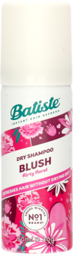 Suchy szampon Batiste Blush 50ml, biała puszka z żywym różowym kwiatowym wzorem i zielonymi liśćmi, przód.