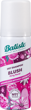 Batiste Blush suchy szampon mini, biała puszka 50ml, kwiatowy wzór, napis 'flirty floral', widok z przodu.