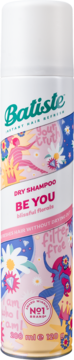 Batiste Be You suchy szampon, biała puszka z różowo-niebieską etykietą kwiatową, widok pod kątem, napis N°1.