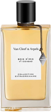 Bois d'Iris Van Cleef & Arpels, złociste perfumy w prostokątnej butelce z etykietą i czarnym korkiem.