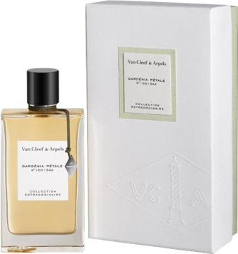 Van Cleef & Arpels Gardenia Petale: złoty flakon perfum i białe, eleganckie opakowanie, ujęcie z przodu.