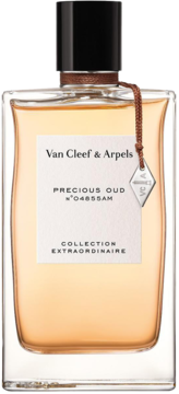 Van Cleef & Arpels Precious Oud perfumy w szklanej butelce z bursztynowym płynem, czarną nakrętką, widok z przodu.