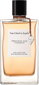 Van Cleef & Arpels Precious Oud perfumy w szklanej butelce z bursztynowym płynem, czarną nakrętką, widok z przodu.