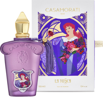 Casamorati La Tosca, fioletowa butelka perfum ze złotą nakrętką i pudełkiem z ilustracją kobiety, widok z przodu.