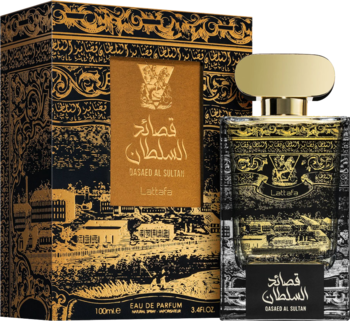 Lattafa Qasaed Al Sultan EDP w czarno-złotej butelce z bogatymi zdobieniami i otwartym pudełkiem.