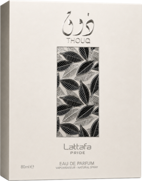 Pudełko perfum Lattafa Pride Thouq Eau de Parfum, kremowe, z czarno-białym wzorem liści i arabskim pismem, widok z przodu.