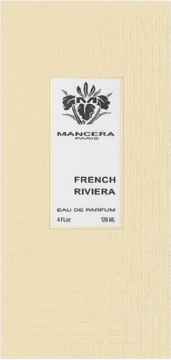 Frontowe ujęcie żółtego opakowania perfum Mancera French Riviera 120ml z białą etykietą i czarnymi napisami.