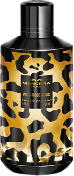 Butelka perfum Mancera Wild Rose Aoud 120 ml, czarna ze złotym leopard printem, widok z przodu.