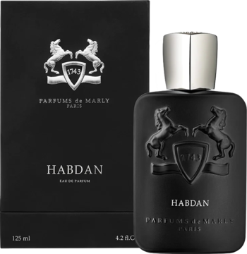 Eleganckie czarne perfumy Habdan Parfums de Marly 125 ml EDP i pudełko z wytłoczoną etykietą, widok z przodu.