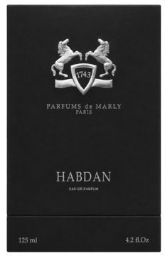 Front czarnego, matowego pudełka perfum uniseks Parfums de Marly Habdan 125 ml, ze srebrnym logo i nazwą.