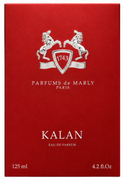 Czerwone pudełko Kalan Parfums de Marly, woda perfumowana 125ml, ze srebrnym logo i nazwą z przodu.