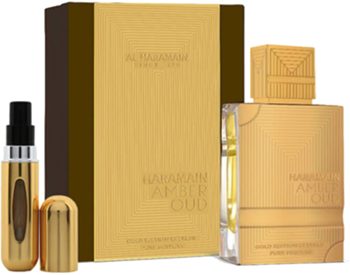 Złoty zestaw perfum Al Haramain Amber Oud EDP: flakon 200ml, pudełko i atomizer 10ml, widok z przodu.
