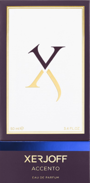 Xerjoff Accento Eau de Parfum w eleganckim, ciemnofioletowo-białym pudełku z złotym logo X, widok z przodu.