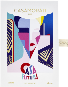 Casamorati Casafutura EDP, białe pudełko z barwną, abstrakcyjną grafiką twarzy i złotym logo, widok z przodu.