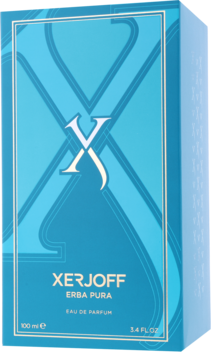 Xerjoff Erba Pura woda perfumowana unisex, turkusowe pudełko z dużym X i nazwą, widok z przodu.
