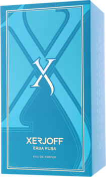 Turkusowe pudełko wody perfumowanej Xerjoff Erba Pura unisex z białym logo X, widok z przodu pod kątem.