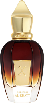 Xerjoff Al-Khatt, orientalne perfumy uniseks. Brązowa butelka ze złotym korkiem, logo X i napisem Oud Stars Al-Khatt.