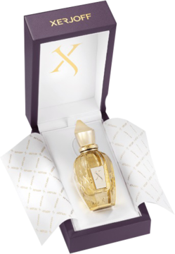 Xerjoff Starlight uniseks perfumy, złota butelka z rzeźbionym korkiem w otwartym purpurowym pudełku.