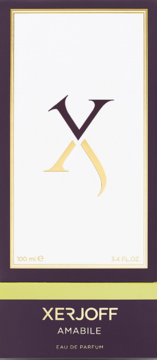 Xerjoff Amabile woda perfumowana, eleganckie fioletowo-białe pudełko ze złotym logo X i V, przód.