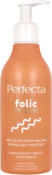 Perfecta Folic Mom specjalistyczny balsam na rozstępy z kwasem foliowym w pomarańczowej butelce z pompką, widok z przodu.