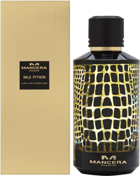 Mancera Wild Python EDP: czarna butelka ze złotym wzorem pytona, stojąca obok złotego kartonowego pudełka.