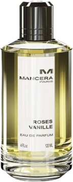Mancera Roses Vanille Eau de Parfum 120ml, złocisty płyn w szklanej butelce, widok z przodu, metalowa zakrętka.