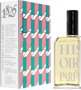 Histoires de Parfums 1826 Eugenie de Montijo, bursztynowe perfumy w butelce przy białym pudełku z napisem 1826.
