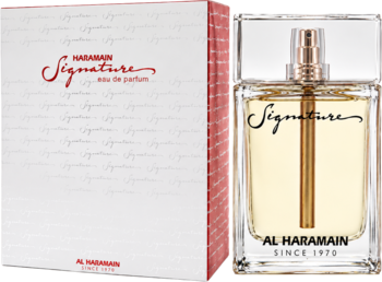 Haramain Signature Rose Gold, kwiatowa woda perfumowana, butelka obok pudełka z czerwonym napisem.