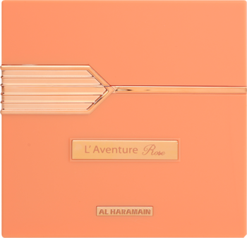 Łososiowe pudełko perfum L'Aventure Rose Al Haramain, widok z przodu, ze stylizowanym wzorem graficznym.