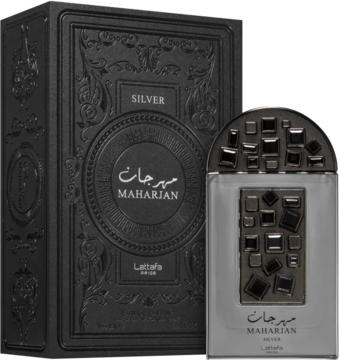 Perfumy Lattafa Maharjan Silver w srebrnej butelce z ozdobnym korkiem, obok czarne, wytłaczane pudełko.