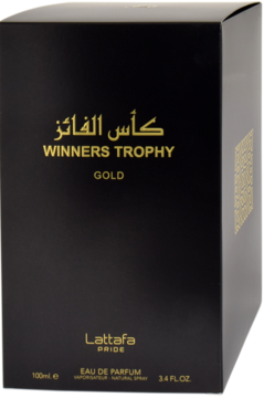 Czarny, matowy kartonik perfum Lattafa Winners Trophy Gold 100ml ze złotymi napisami, widok lekko z boku.