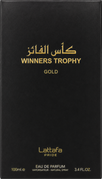 Czarne pudełko perfum Lattafa Winners Trophy Gold, przód ze złotym napisem i logo marki, widok centralny.