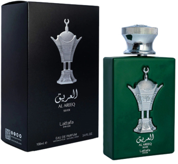 Lattafa Al Ameeq perfumy arabskie: zielony flakon z srebrnym godłem i czarne pudełko z tym samym motywem.