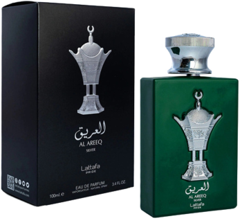 Lattafa Al Ameeq perfumy arabskie: zielony flakon z srebrnym godłem i czarne pudełko z tym samym motywem.