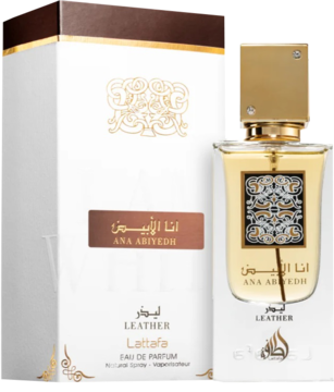 Lattafa Ana Abiyedh Leather EDP: elegancki flakon ze złotym korkiem i białe pudełko z brązowymi akcentami.