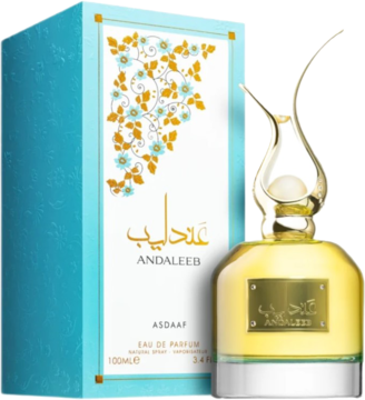 Lattafa Andaleeb 100ml EDP: złota butelka z falistym korkiem przed turkusowym pudełkiem, widok z przodu.