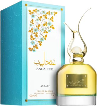 Lattafa Andaleeb 100ml EDP: złota butelka z falistym korkiem przed turkusowym pudełkiem, widok z przodu.