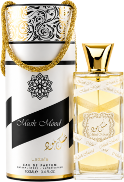 Lattafa Musk Mood EDP 100ml, złota butelka perfum z białą wstążką, obok ozdobnego cylindrycznego pudełka.