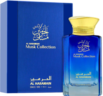 Al Haramain Musk Collection, drzewno-kwiatowo-piżmowe perfumy w niebieskiej butelce obok pudełka.