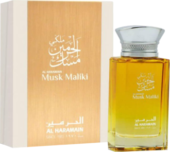 Złocista butelka wody perfumowanej Musk Maliki Al Haramain ze srebrną nakrętką obok pudełka, widok z przodu.
