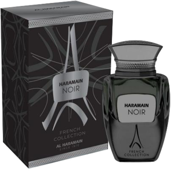 Perfumy Noir Al Haramain EDP uniseks w czarnej butelce i pudełku, z wieżą Eiffla, widok z przodu.