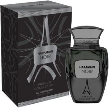 Perfumy Noir Al Haramain EDP uniseks w czarnej butelce i pudełku, z wieżą Eiffla, widok z przodu.